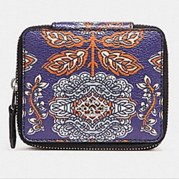 Coach Forest Flower Print Travel Jewelry Case Coated Canvas Zip Around Blue NWT - Picture 8 of 13